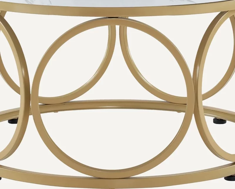 Masuta de cafea, 80 cm, picioare metalice, Alb imitatie Marmura - Auriu