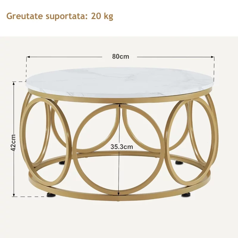 Masuta de cafea, 80 cm, picioare metalice, Alb imitatie Marmura - Auriu